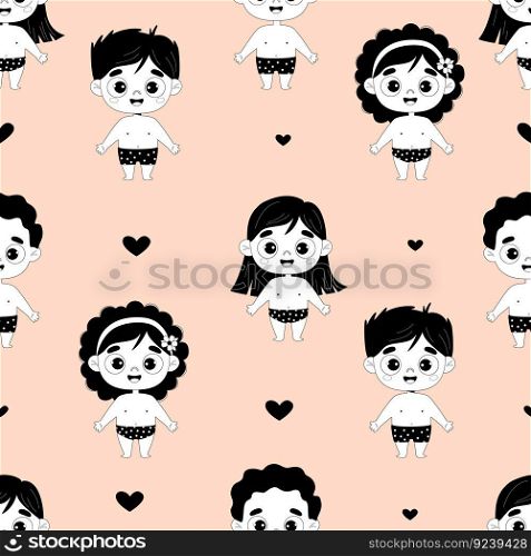 Cute kids seamless pattern. Funny smiling boys and girls naked in bathing shorts. Vector illustration. Childrens collection for design, decor, textile, wallpaper, packaging