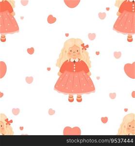 Cute kids seamless pattern. Pretty blonde girl with long curly hair in red on white background with hearts. Vector illustration in cartoon style. Romantic collection with female characters, soft toys