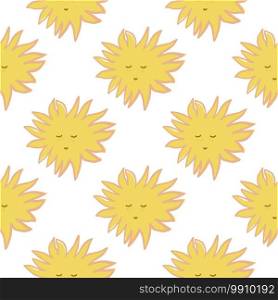 Cute kids seamless pattern with white sun faces ornament. White background. Minimalistic cartoon backdrop. Perfect for fabric design, textile print, wrapping paper, cover. Vector illustration. Cute kids seamless pattern with white sun faces ornament. White background.