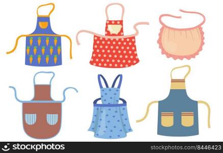 Cute kitchen aprons with patterns flat item set. Cartoon cooking dress for housewife or chef of restaurant isolated vector illustration collection. Protective garment and housekeeping concept