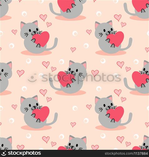 Cute kitten and pink heart seamless pattern. Lovely pet in Valentine concept.