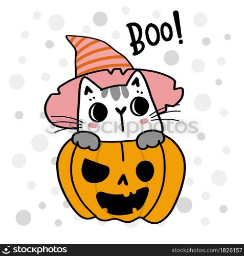 cute kitten cat animal in adorable orange craved pumpkin cartoon doodle illustration outline