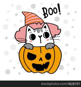 cute kitten cat animal in adorable orange craved pumpkin cartoon doodle illustration outline