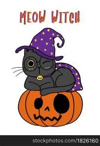 cute kitten cat purple magic meow witch costume Trick or Treat cartoon doodle illustration outline