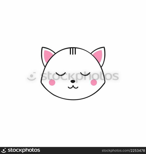 Cute kitten face with closed eyes. Vector personad for children. Cartoon character in Japanese style.