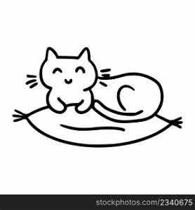 Cute kitten is lying on pillow. Drawing cat in doodle style. Vector icon for postcard decor.