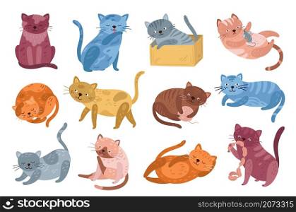 Cute kitten. Jumping cat, isolated kittens characters design. Cartoon doodle funny fluffy animals, gray black playing pets exact vector set. Illustration animal kitten and kitty playful. Cute kitten. Jumping cat, isolated kittens characters design. Cartoon doodle funny fluffy animals, gray black playing pets exact vector set