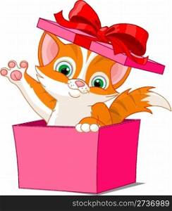 Cute kitten jumping out from a gift box