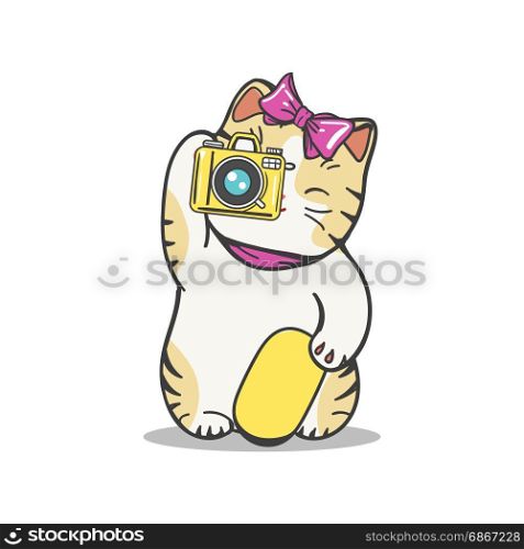 Cute kitten makes photo. Cute kitten makes photo. Vector cartoon character cat photographer