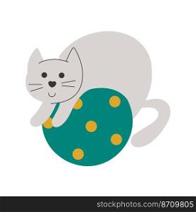 Cute kitten on ball clipart. Baby character isolated vector. Gray cat playing. Cute kitten on ball clipart