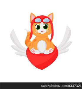 Cute kitten pilot flying on red heart with wings. Cartoon character, red heart, wing. Valentines day concept. Can be used for topics like holiday, love, romance