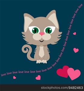 Cute kitten smiles, hearts and the inscription LOVE on a dark background.