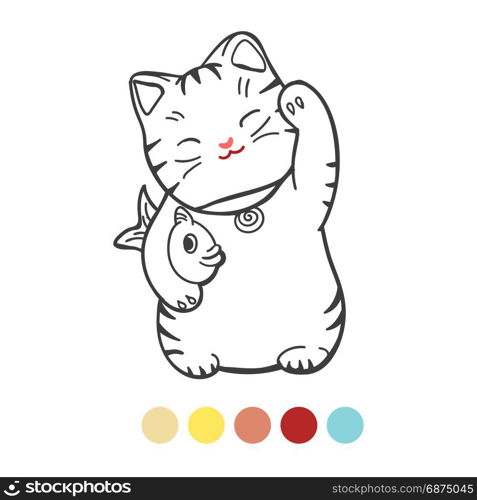 Cute kitten with fish coloring page. Coloring page for kids with colors sample. Vector illustration of cute kitten with fish
