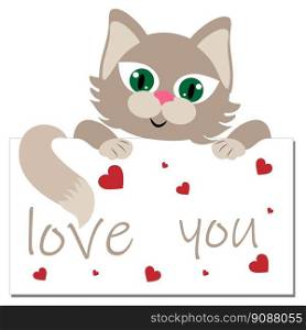 Cute kitten with green eyes and the inscription LOVE with hearts. Print with a kitten on a T-shirt. On white background.