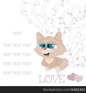 Cute kitten with hearts and musical notes. For your design. On white background.