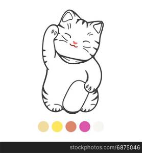 Cute kitten with toy coloring page. Coloring page for kids with colors sample, vector illustration. Cute kitten with toy