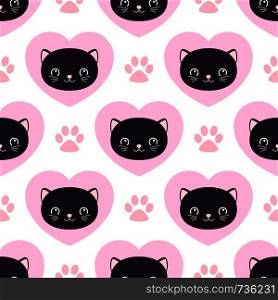 Cute kitty seamless pattern, cats and hearts. Texture for wallpapers, fabric, wrap, web page backgrounds, vector illustration