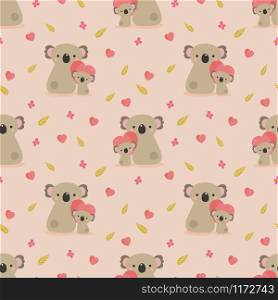 Cute koala bear and heart seamless pattern. Cute animal concept.