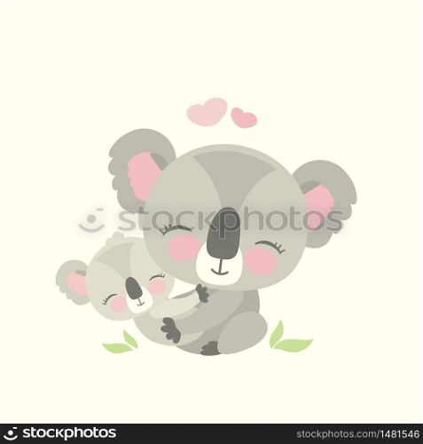 Cute koala bear with child,wild animal isolated,flat vector illustration. Cute koala bear with child