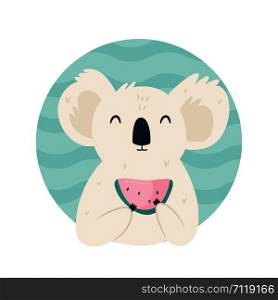 Cute koala character eating watermelon. Cartoon style for children. Cute koala character eating watermelon. Summer banner