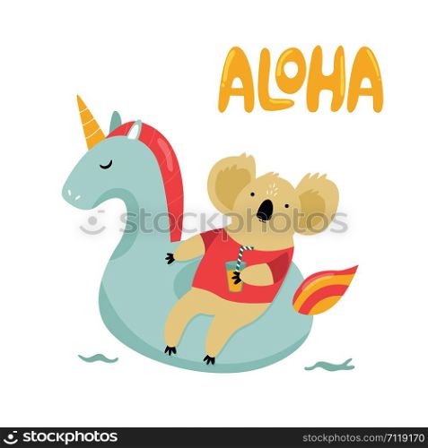 Cute koala character swimming on toy unicorn. Sticker, badge, icon, patch, design element. Cute koala character swimming on toy unicorn.