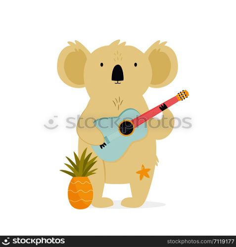 Cute koala character with pineapple and guitar. Vector illustration for prints, textile, cards, banners. Cute koala character with pineapple and guitar.