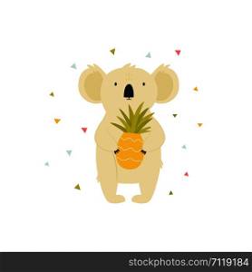 Cute koala character with pineapple. Vector illustration for prints, textile, cards, banners. Cute koala character with pineapple on white background
