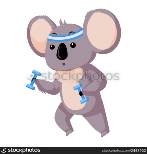 Cute Koala doing sports isolated on white background. Cartoon character athlete . Design of funny animals sticker for showing emotion. Vector illustration. Cute Koala doing sports isolated on white background. Cartoon character athlete .