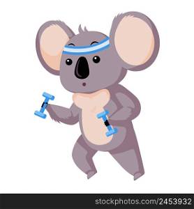 Cute Koala doing sports isolated on white background. Cartoon character athlete . Design of funny animals sticker for showing emotion. Vector illustration. Cute Koala doing sports isolated on white background. Cartoon character athlete .