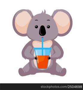 Cute Koala drinking juice isolated on white background. Smiling cartoon character sitting happy. Design of funny animals sticker for showing emotion. Vector illustration. Cute Koala drinking juice isolated on white background. Smiling cartoon character sitting happy.