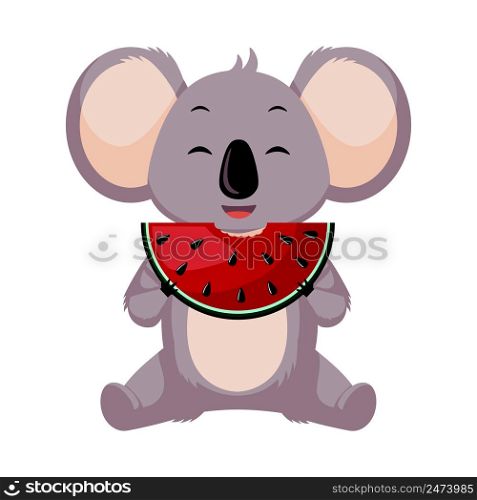 Cute Koala eating watermelon isolated on white background. Cartoon character with food. Design of funny animals sticker for showing emotion. Vector illustration. Cute Koala eating watermelon isolated on white background. Cartoon character with food.