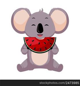 Cute Koala eating watermelon isolated on white background. Cartoon character with food. Design of funny animals sticker for showing emotion. Vector illustration. Cute Koala eating watermelon isolated on white background. Cartoon character with food.