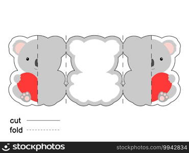 Cute koala hold heart. Fold long greeting card template. Great for St. Valentine day, birthdays, baby showers. Printable color scheme. Print, cut out, fold. Colorful vector stock illustration.