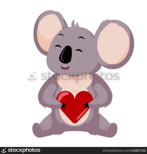 Cute koala hold heart isolated on white background. Cartoon character loving. Design of funny animals sticker for showing emotion. Vector illustration. Cute koala hold heart isolated on white background. Cartoon character loving.