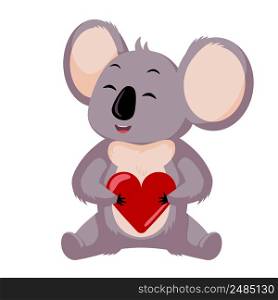 Cute koala hold heart isolated on white background. Cartoon character loving. Design of funny animals sticker for showing emotion. Vector illustration. Cute koala hold heart isolated on white background. Cartoon character loving.