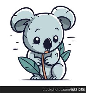 Cute koala holding a twig with leaves. Vector illustration.