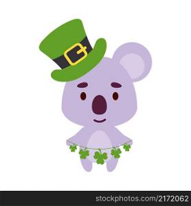 Cute koala in St. Patrick&rsquo;s Day leprechaun hat holds shamrocks. Irish holiday folklore theme. Cartoon design for cards, decor, shirt, invitation. Vector stock illustration.