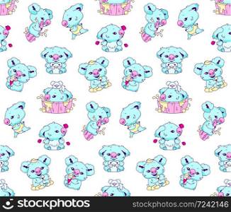 Cute koala kawaii color vector seamless pattern. Adorable and funny animal bathing, eating ice cream, sitting on branch wrapping paper, wallpaper. Anime baby koala character on white background