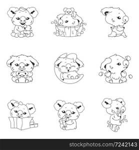 Cute koala kawaii linear characters pack. Adorable and funny animal running, bathing, sleeping on moon isolated stickers, patches. Anime baby koala doodle emojis thin line icons set