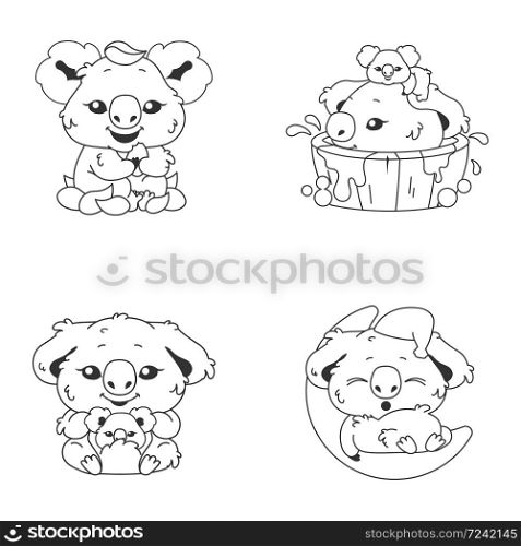 Cute koala kawaii linear characters pack. Adorable and funny animal sleeping on moon, eating eucalyptus isolated stickers, patches. Anime baby koala doodle emojis thin line icons set