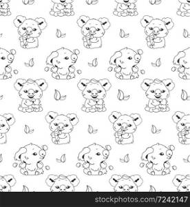 Cute koala linear kawaii characters seamless pattern. Positive wrapping paper, wallpaper. Adorable and funny vector animal. Anime baby koala eating ice cream and playing with butterflies