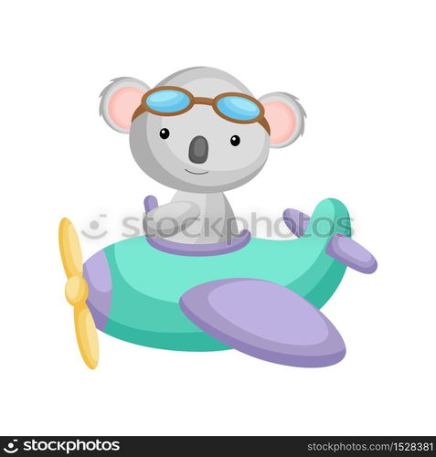 Cute koala pilot wearing aviator goggles flying an airplane. Graphic element for childrens book, album, scrapbook, postcard, mobile game. Flat vector stock illustration isolated on white background.