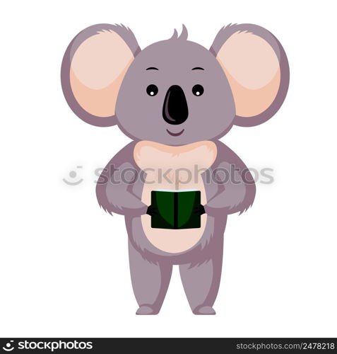 Cute koala reading book isolated on white background. Cartoon character student. Design of funny animals sticker for showing emotion. Vector illustration. Cute koala reading book isolated on white background. Cartoon character student.