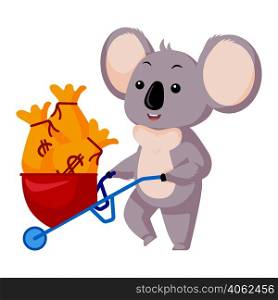 Cute Koala rich isolated on white background. Cartoon character roller wheelbarrow with bags. Design of funny animals sticker for showing emotion. Vector illustration. Cute Koala rich isolated on white background. Cartoon character roller wheelbarrow with bags.