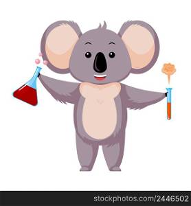 Cute koala scientist isolated on white background. Cartoon character teacher chemistry. Design of funny animals sticker for showing emotion. Vector illustration. Cute koala scientist isolated on white background. Cartoon character teacher chemistry.