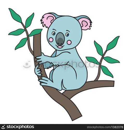 Cute Koala sitting on a eucalyptus tree branches with green leaves.A wild tropical animal.An Australian marsupial bear.Isolated image on a white background.Vector illustration for children.Print. Cute Koala Print
