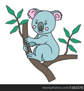 Cute Koala sitting on a eucalyptus tree branches with green leaves.A wild tropical animal.An Australian marsupial bear.Isolated image on a white background.Vector illustration for children.Print. Cute Koala Print