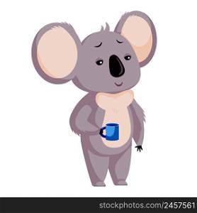 Cute koala sleepy isolated on white background. Cartoon character drink coffee. Design of funny animals sticker for showing emotion. Vector illustration. Cute koala sleepy isolated on white background. Cartoon character drink coffee.