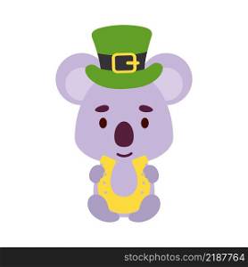Cute koala St. Patrick’s Day leprechaun hat holds horseshoe. Irish holiday folklore theme. Cartoon design for cards, decor, shirt, invitation. Vector stock illustration.