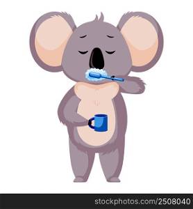 Cute koala washing morning isolated on white background. Cartoon character brush teeth. Design of funny animals sticker for showing emotion. Vector illustration. Cute koala washing morning isolated on white background. Cartoon character brush teeth.